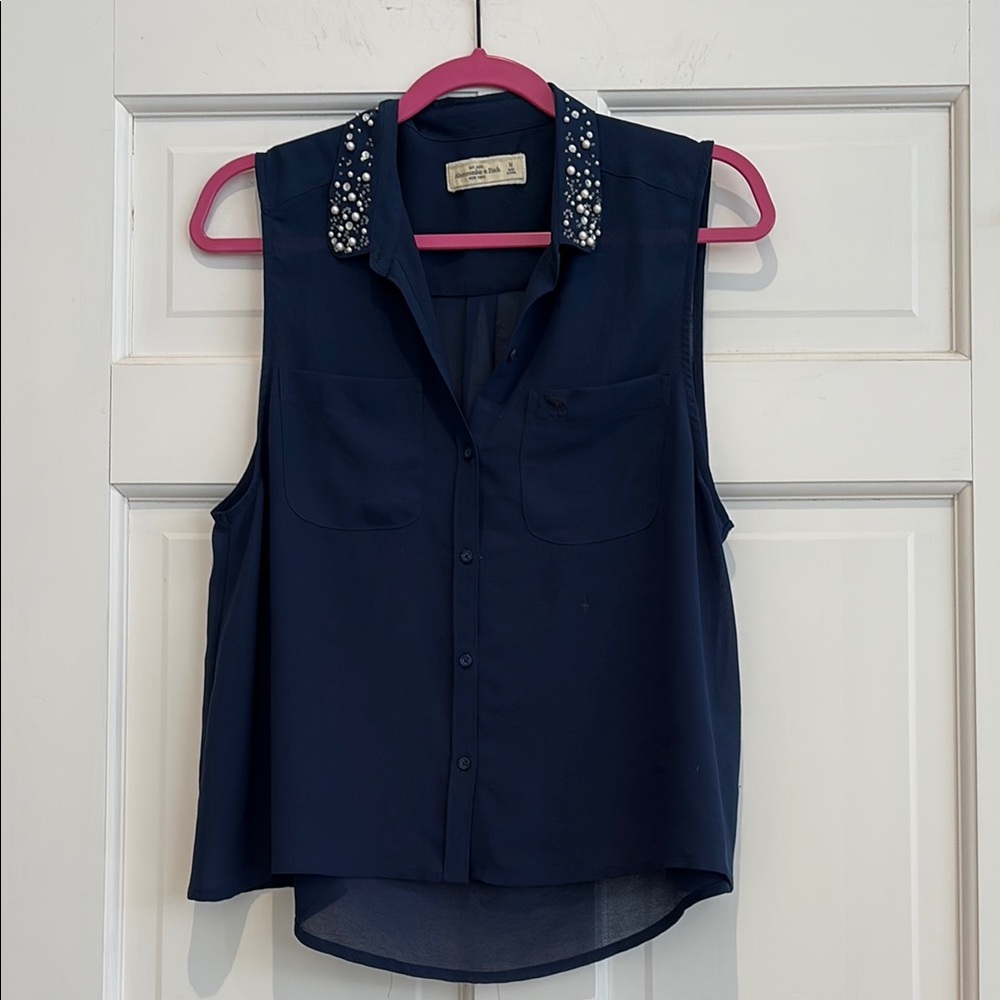 Navy Sleeveless Top with Embellished Collar